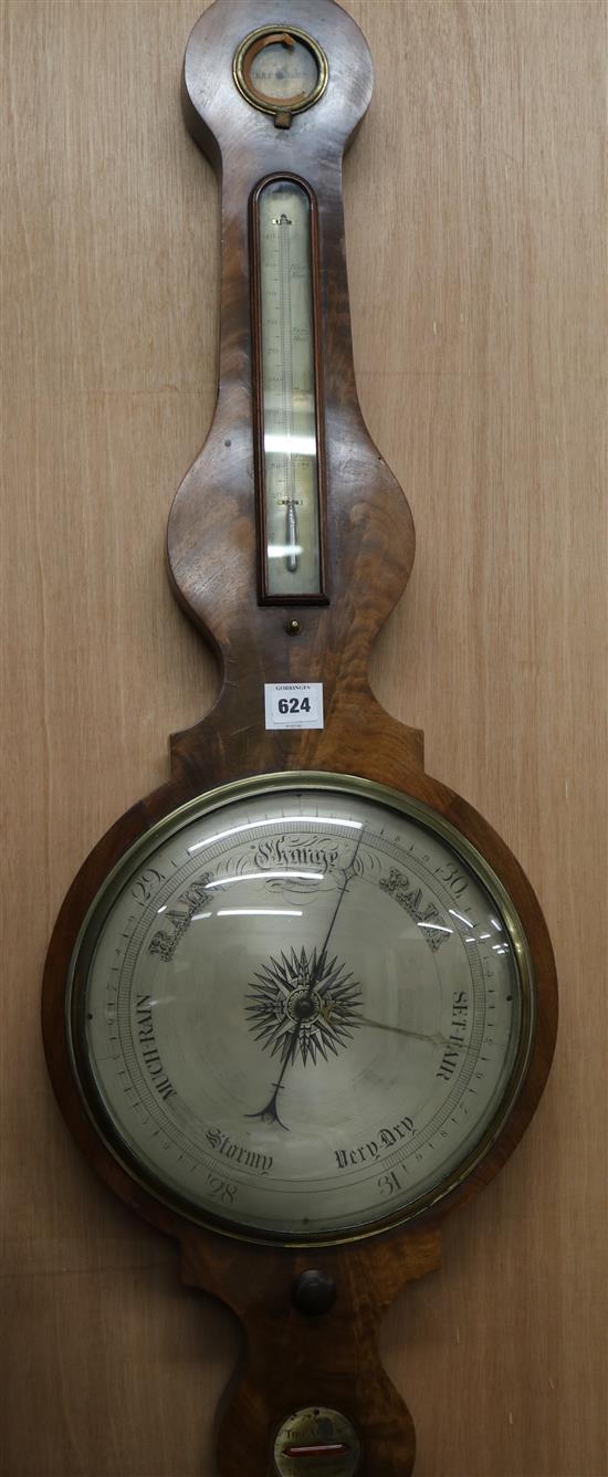 A 19th century mahogany onion topped wheel barometer, thermometer and hygrometer, the level signed Thomas Agnew H.110cm